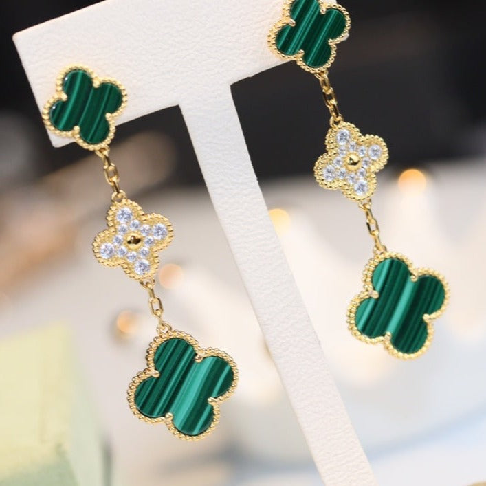 [✨Rose💎]CLOVER EARRINGS GOLD MALACHITE DIAMOND 3 MOTIF