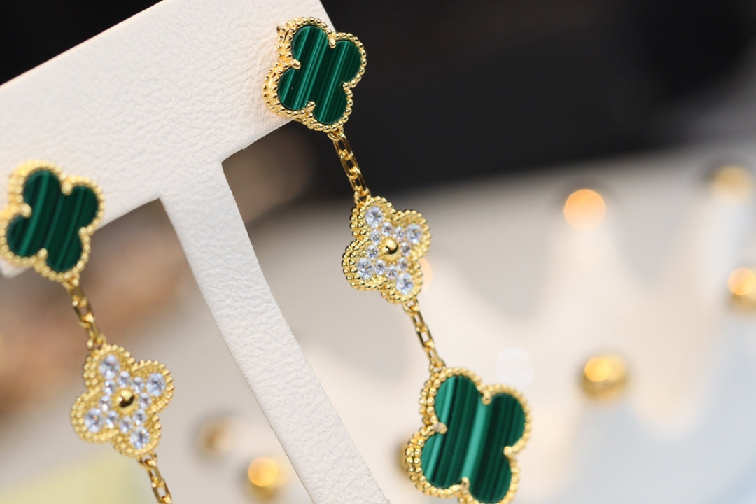 [✨Rose💎]CLOVER EARRINGS GOLD MALACHITE DIAMOND 3 MOTIF