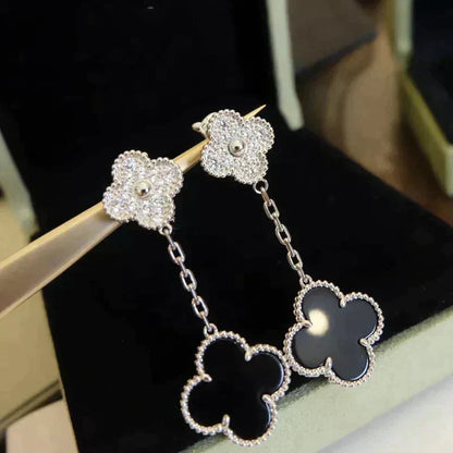 [✨Rose💎]CLOVER 2 MOTIFS  DIAMOND ONYX EARRINGS SILVER
