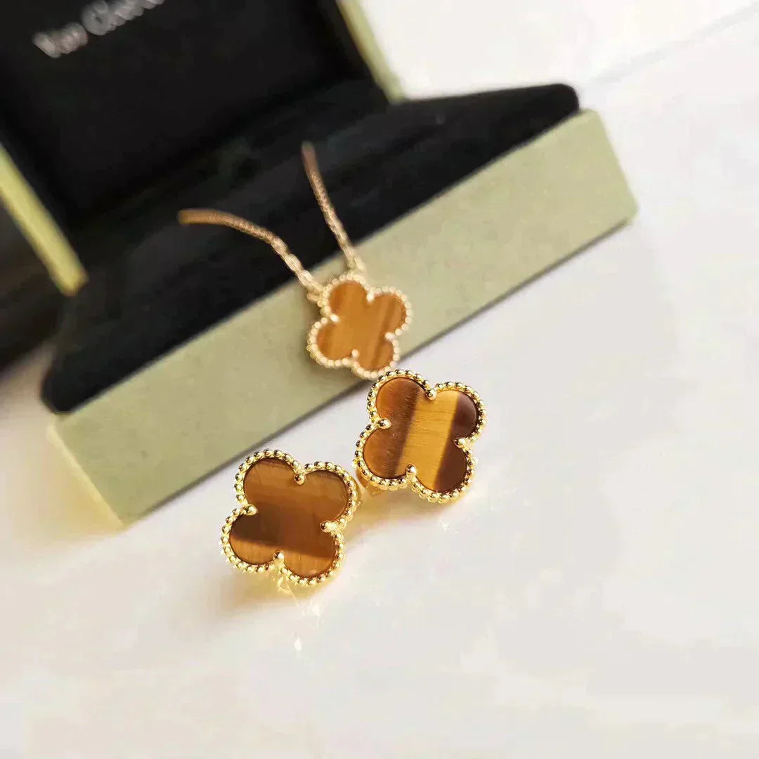 [✨Rose💎]CLOVER MEDIUM 1 MOTIFS TIGER EYE EARRINGS