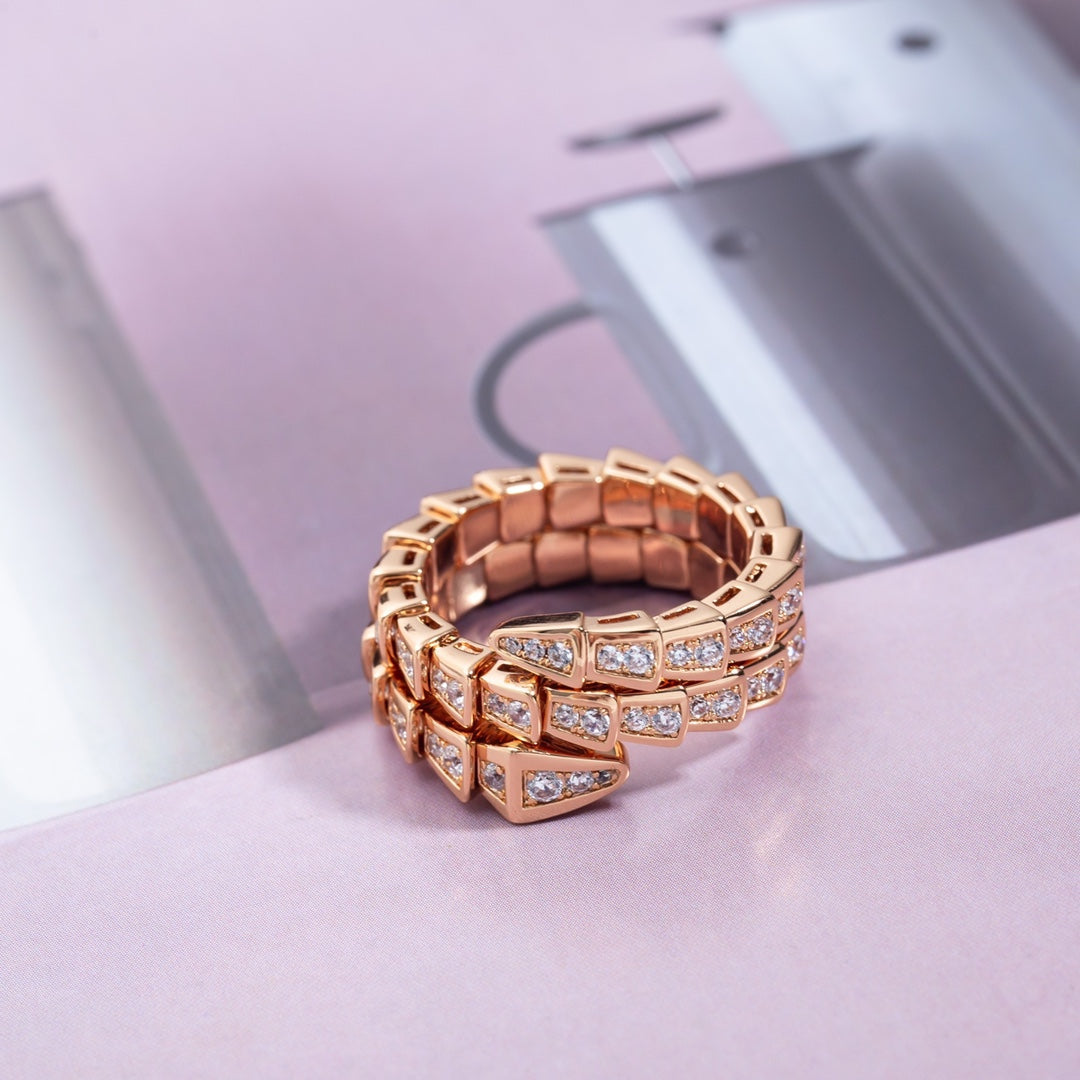 [✨Rose💎]SERPENTI RING PINK GOLD DIAMOND DOUBLE ROW