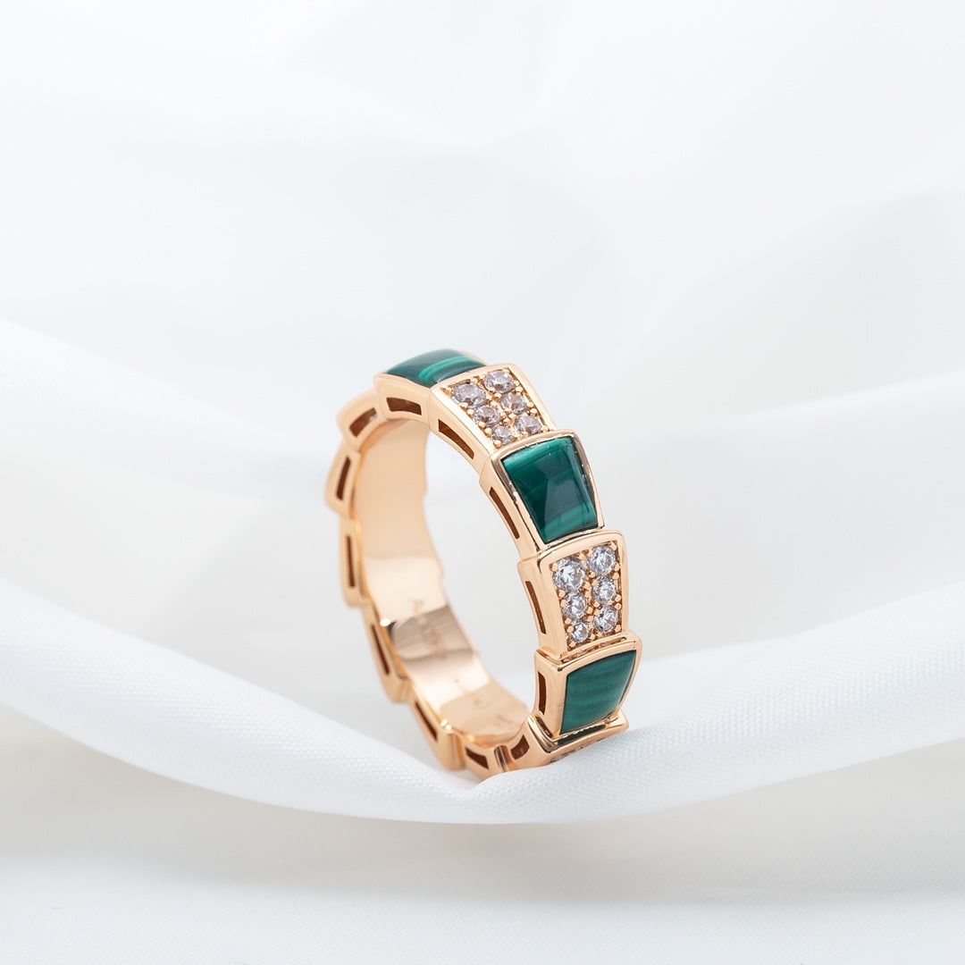 [✨Rose💎]SERPENTI RING PINK GOLD MALACHITE DIAMOND PAVED 4MM