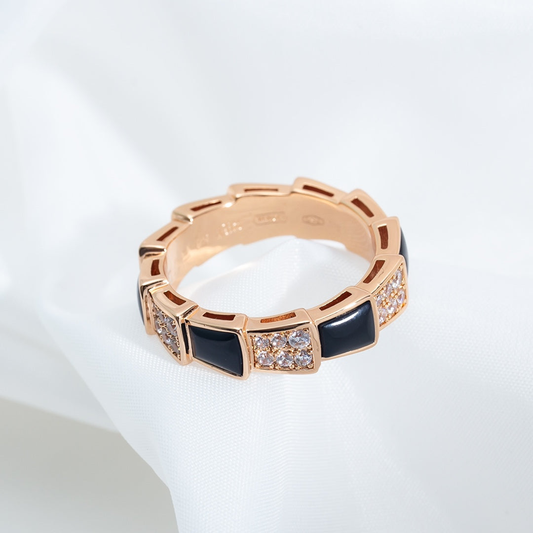 [✨Rose💎]SERPENTI RING PINK GOLD BLACK MOP DIAMOND PAVED 4MM