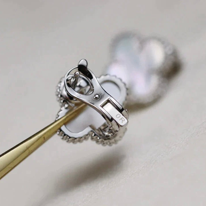 [✨Rose💎]CLOVER MEDIUM 1 MOTIFS  WHITE MOP EARRINGS SILVER