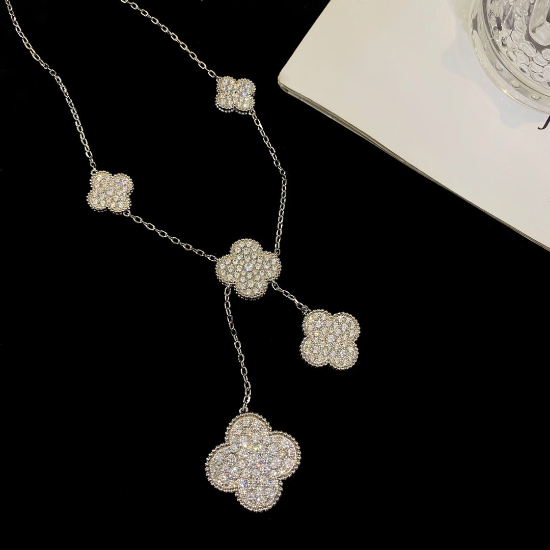 [✨Rose💎]CLOVER 5 MOTIFS SILVER DIAMONDS NECKLACE