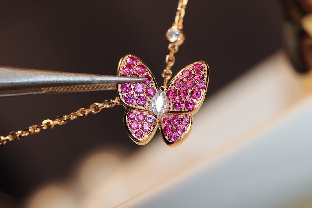 [✨Rose💎]BUTTERFLY RED DIAMOND ROSE GOLD NECKLACE