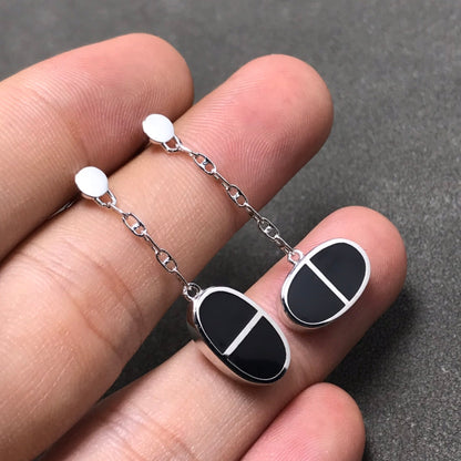 [✨Rose💎]CHAINE VERSO BLACK CERAMIC SILVER EARRINGS