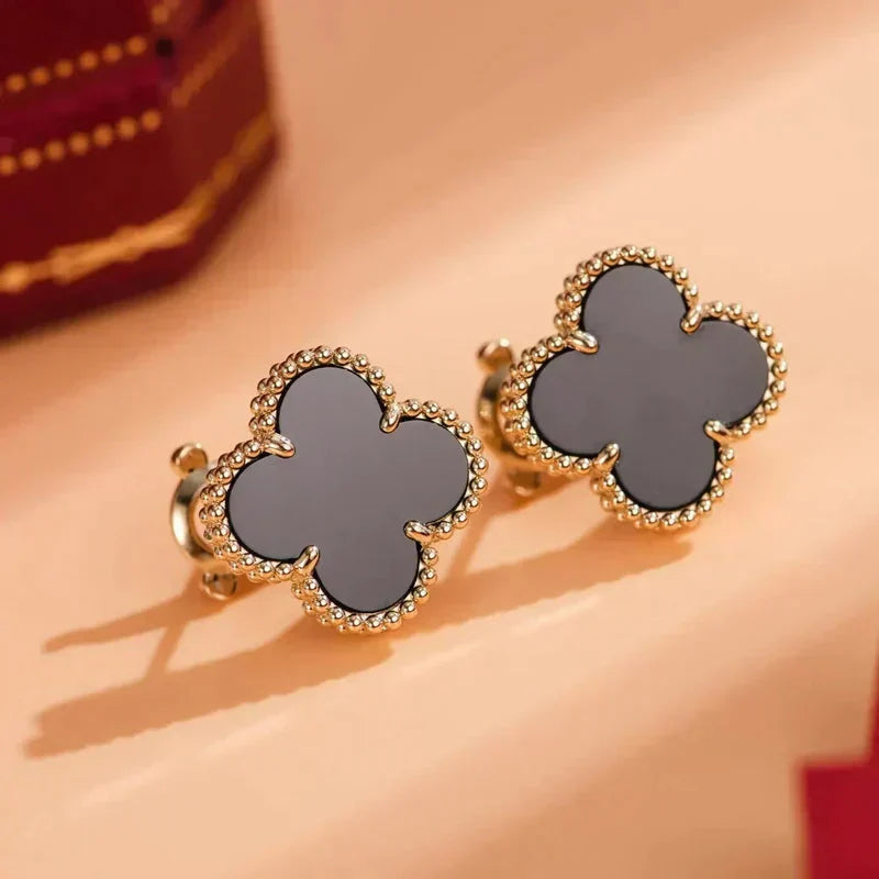 [✨Rose💎]CLOVER MEDIUM 1 MOTIFS  ONYX STUD EARRINGS