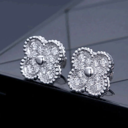 [✨Rose💎]CLOVER 1 MOTIFS DIAMOND STUD EARRINGS SILVER