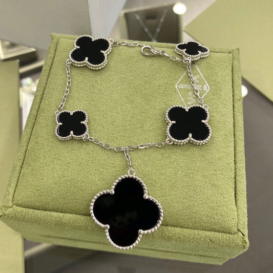 [✨Rose💎]CLOVER 5 MOTIFS SIVLER ONYX BRACELET