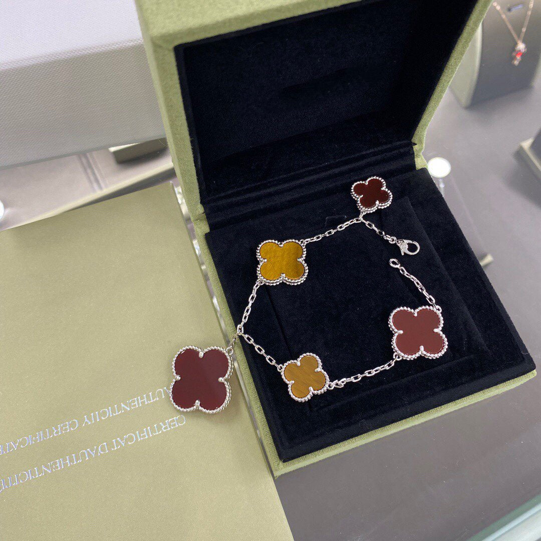 [✨Rose💎]CLOVER 5 MOTIFS SIVLER CARNELIAN TIGER EYE BRACELET