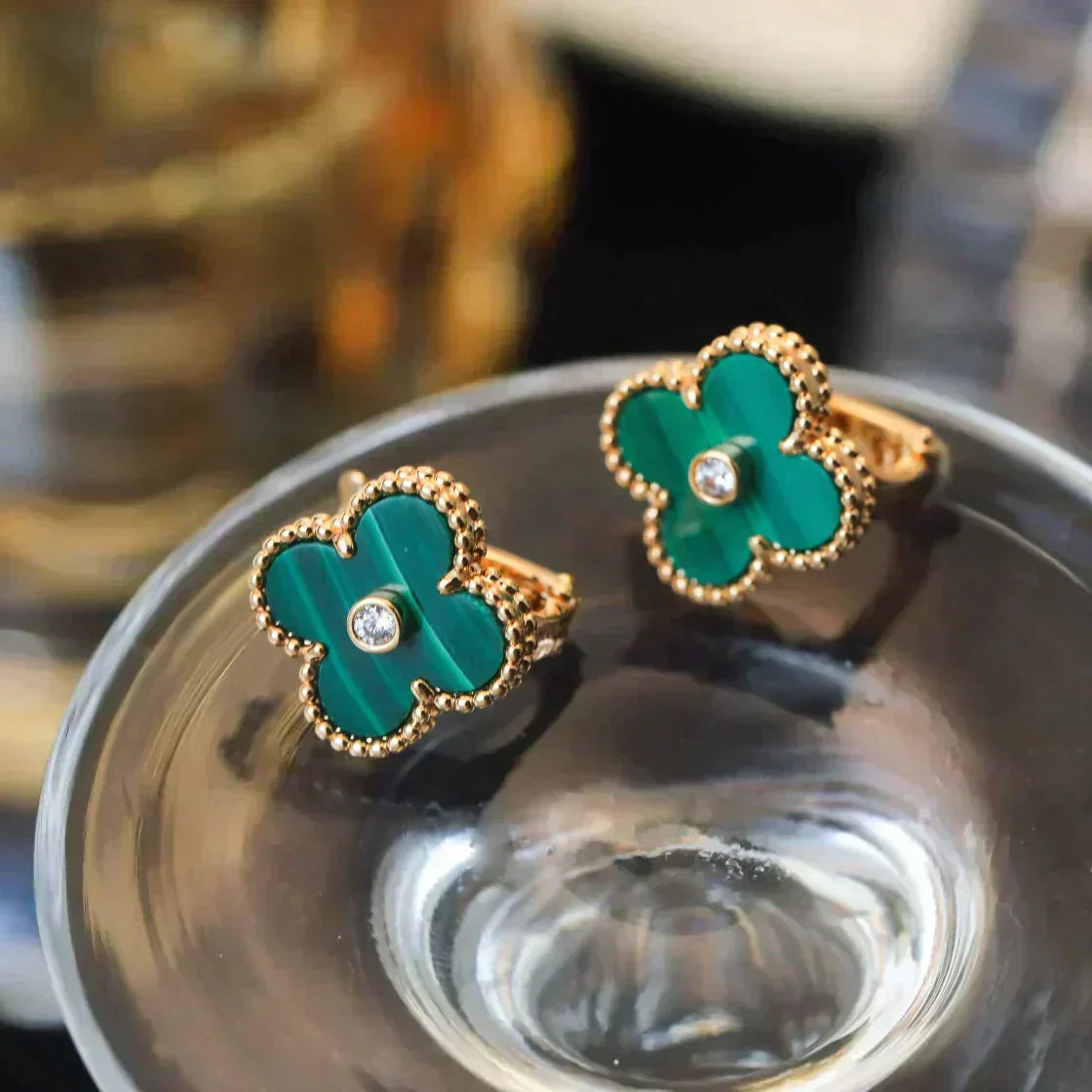 [✨Rose💎]CLOVER MEDIUM 1 MOTIFS MALACHITE DIAMOND EARRINGS