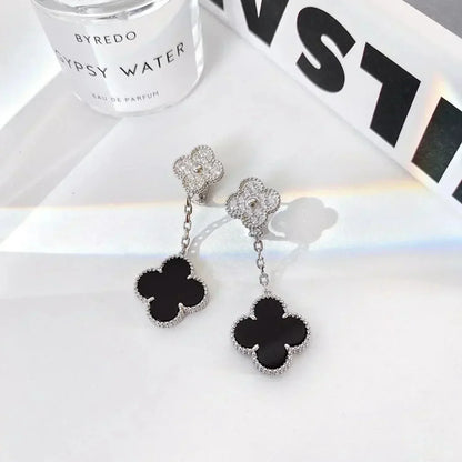 [✨Rose💎]CLOVER 2 MOTIFS  DIAMOND ONYX EARRINGS SILVER