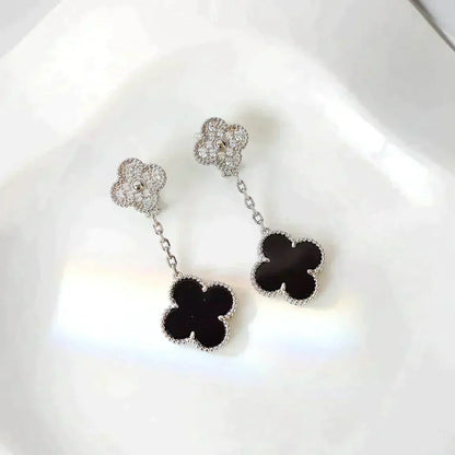 [✨Rose💎]CLOVER 2 MOTIFS  DIAMOND ONYX EARRINGS SILVER
