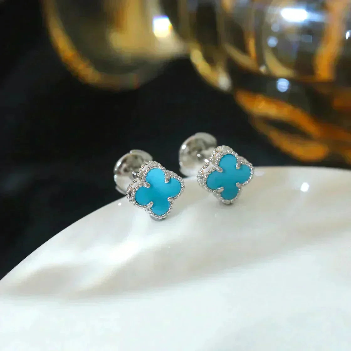 [✨Rose💎]CLOVER MINI 9.5MM ONYX STUD EARRINGS SILVER