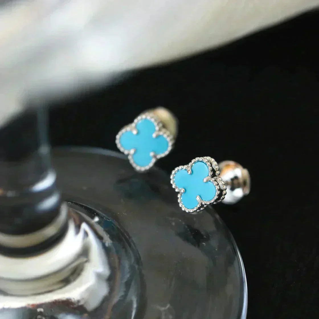 [✨Rose💎]CLOVER MINI 9.5MM ONYX STUD EARRINGS SILVER