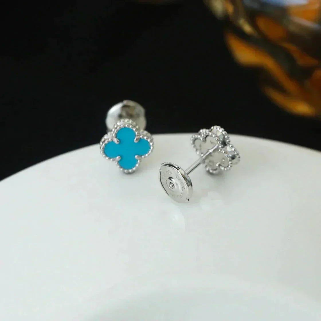 [✨Rose💎]CLOVER MINI 9.5MM ONYX STUD EARRINGS SILVER