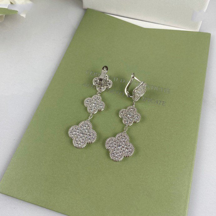 [✨Rose💎]CLOVER 3 MOTIF DIAMOND SILVER DROP EARRINGS