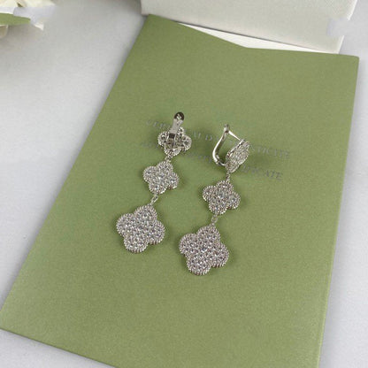 [✨Rose💎]CLOVER 3 MOTIF DIAMOND SILVER DROP EARRINGS