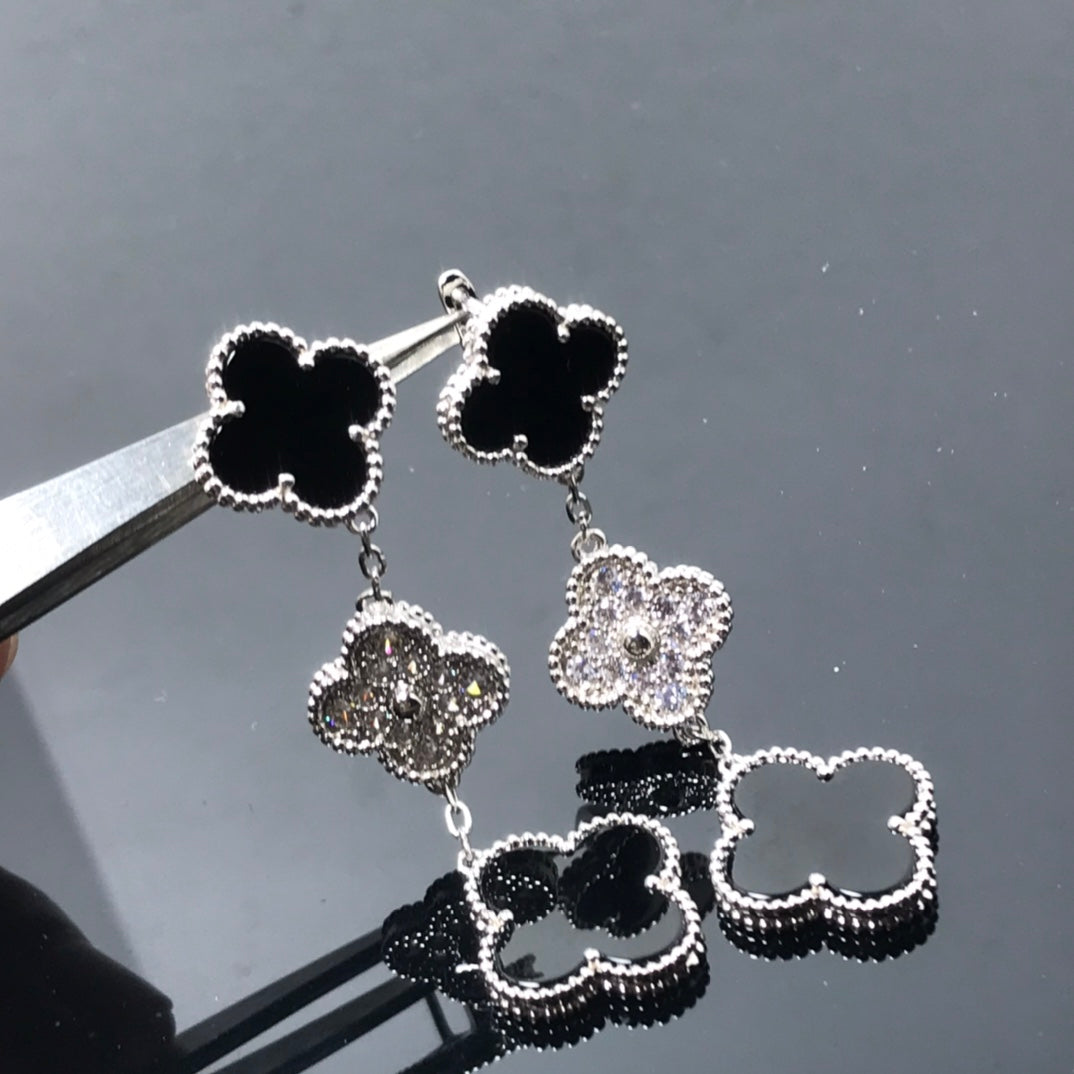 [✨Rose💎]CLOVER 3 MOTIF DIAMOND ONYX SILVER EARRINGS