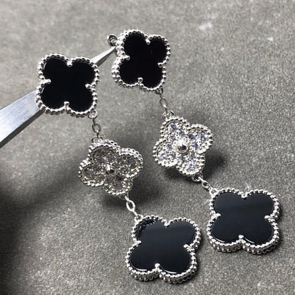 [✨Rose💎]CLOVER 3 MOTIF DIAMOND ONYX SILVER EARRINGS