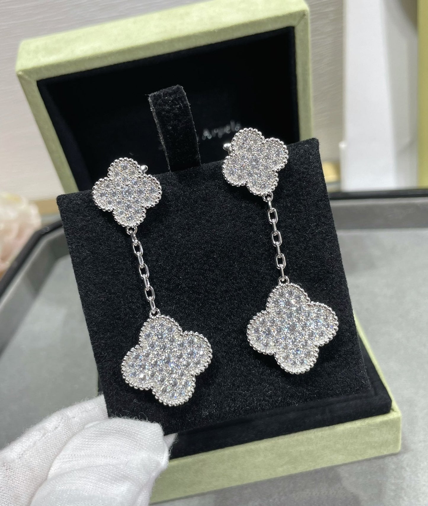 [✨Rose💎]CLOVER 2 MOTIFS DIAMOND PAVED SILVER EARRINGS