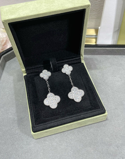 [✨Rose💎]CLOVER 2 MOTIFS DIAMOND PAVED SILVER EARRINGS