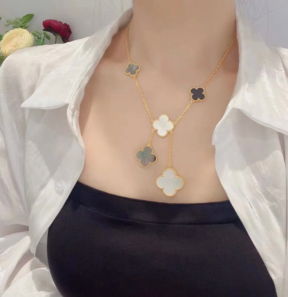 [✨Rose💎]CLOVER 6 MOTIF MOP ONYX GOLD NECKLACE