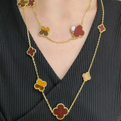 [✨Rose💎]CLOVER 16 MOTIF CARNELIAN TIGER EYE ROSE GOLD NECKLACE