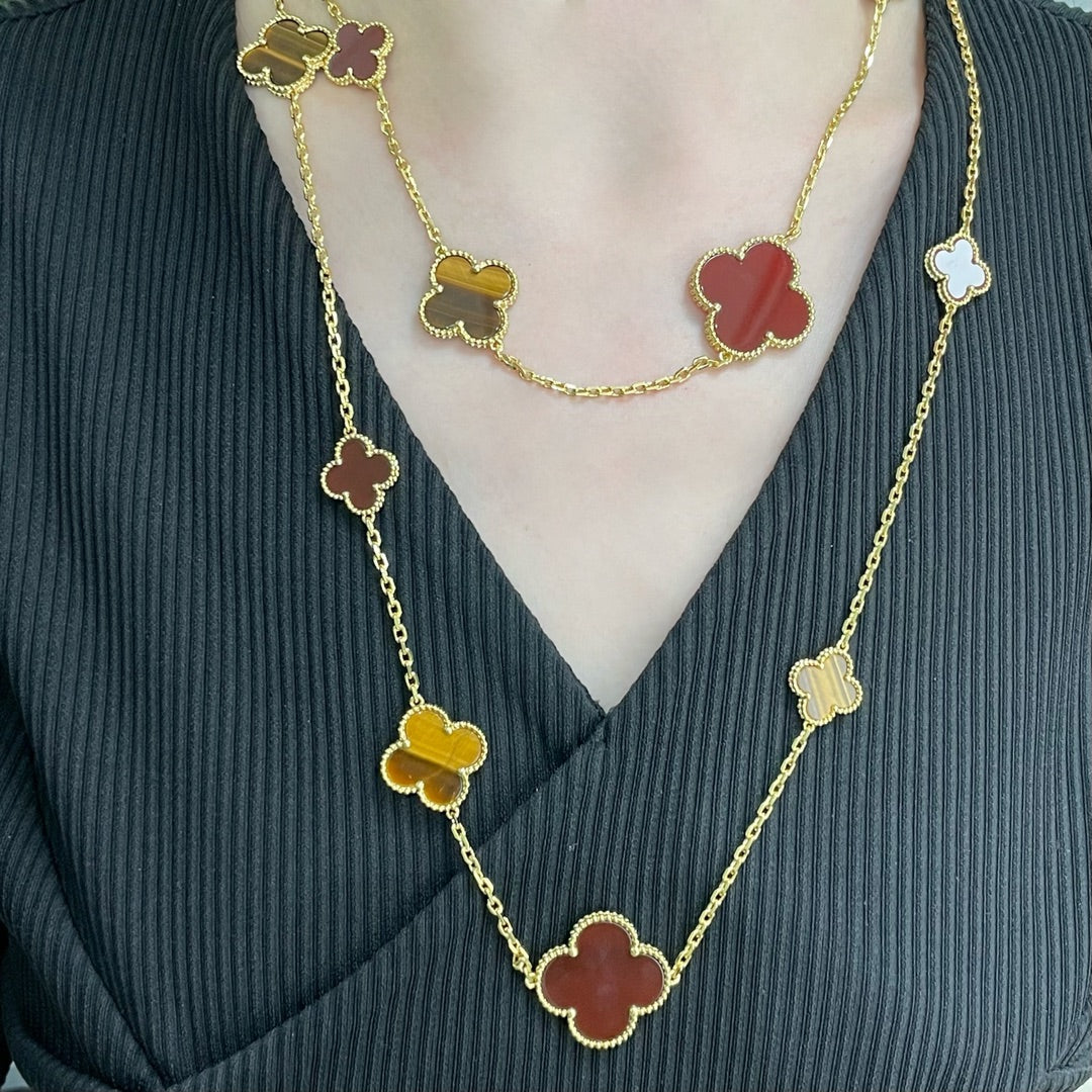 [✨Rose💎]CLOVER 16 MOTIF CARNELIAN TIGER EYE ROSE GOLD NECKLACE