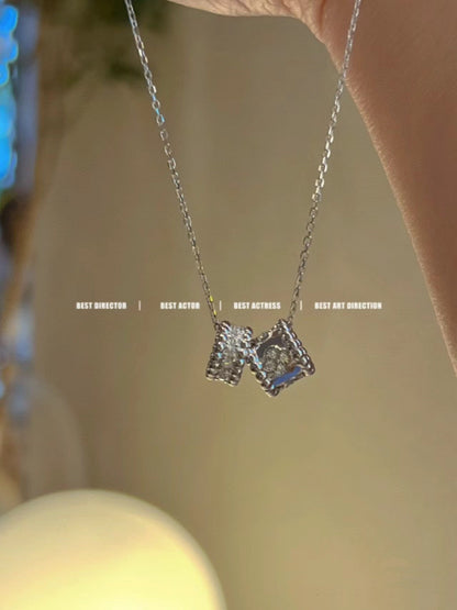 [✨Rose💎]PERLEE DOUBLE PENDANT SILVER DIAMOND NECKLACE
