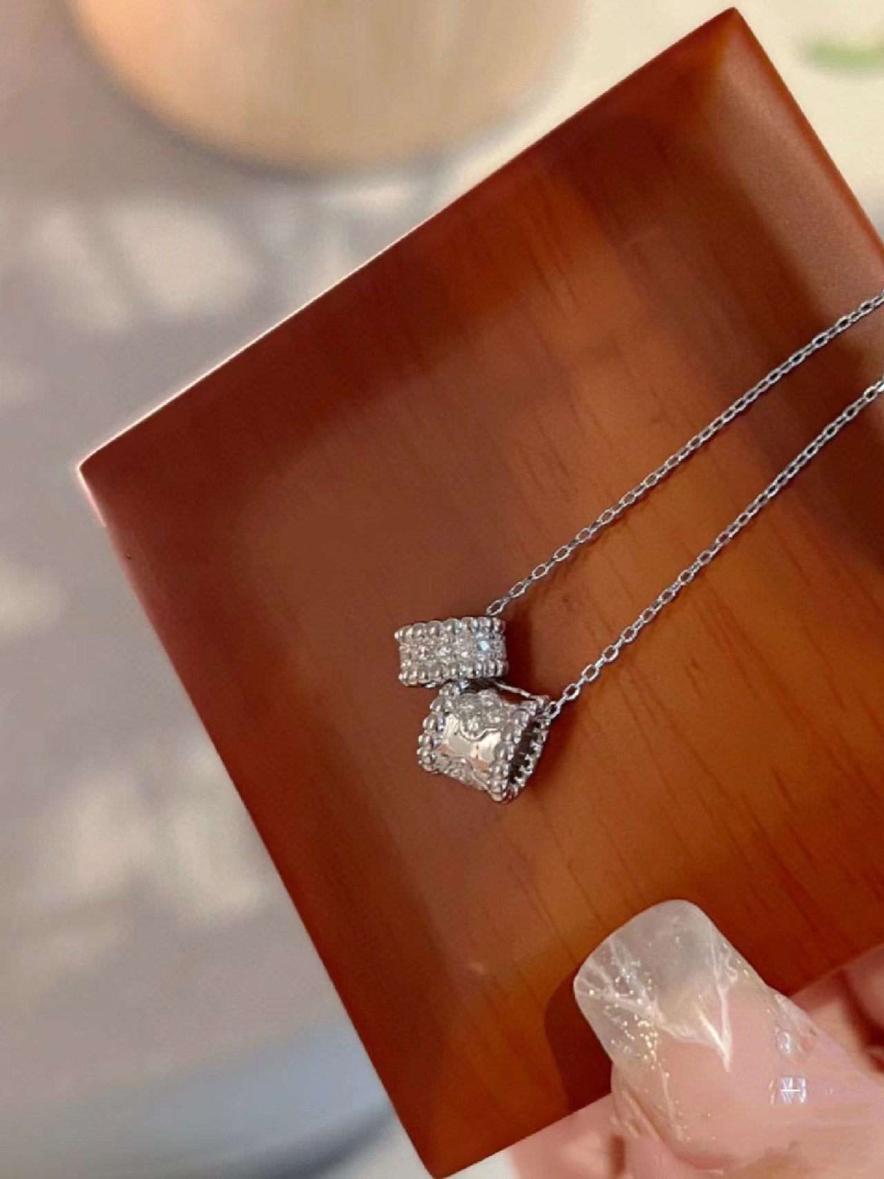 [✨Rose💎]PERLEE DOUBLE PENDANT SILVER DIAMOND NECKLACE