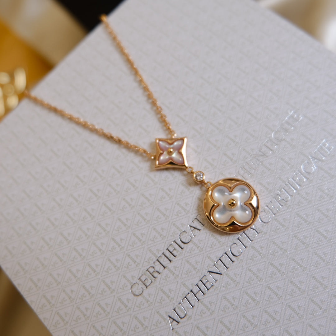 [✨Rose💎]✨Rose💎 AND SUN WHITE MOP 2 MOTIF PINK GOLD NECKLACE