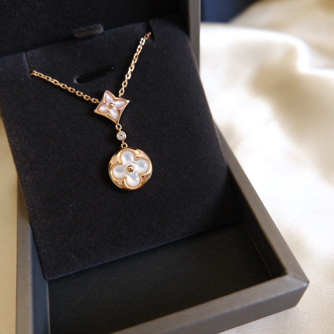 [✨Rose💎]✨Rose💎 AND SUN WHITE MOP 2 MOTIF PINK GOLD NECKLACE