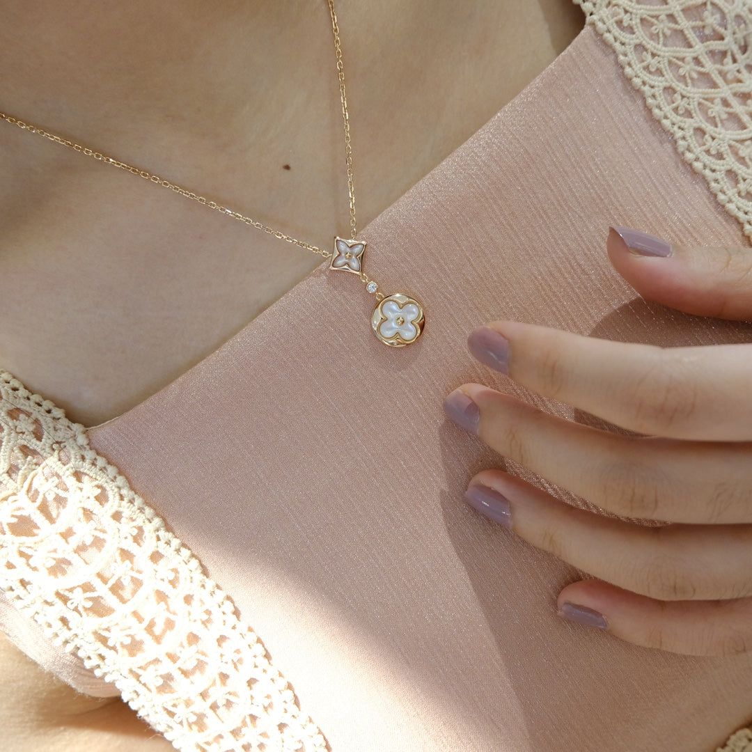 [✨Rose💎]✨Rose💎 AND SUN WHITE MOP 2 MOTIF PINK GOLD NECKLACE
