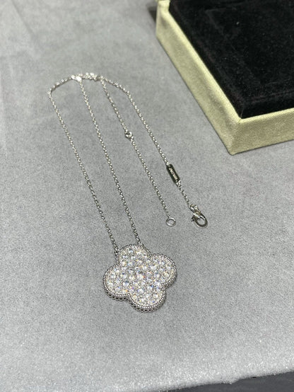 [✨Rose💎]CLOVER 25MM LARGE PENDANT DIAMOND PAVED SILVER NECKLACE