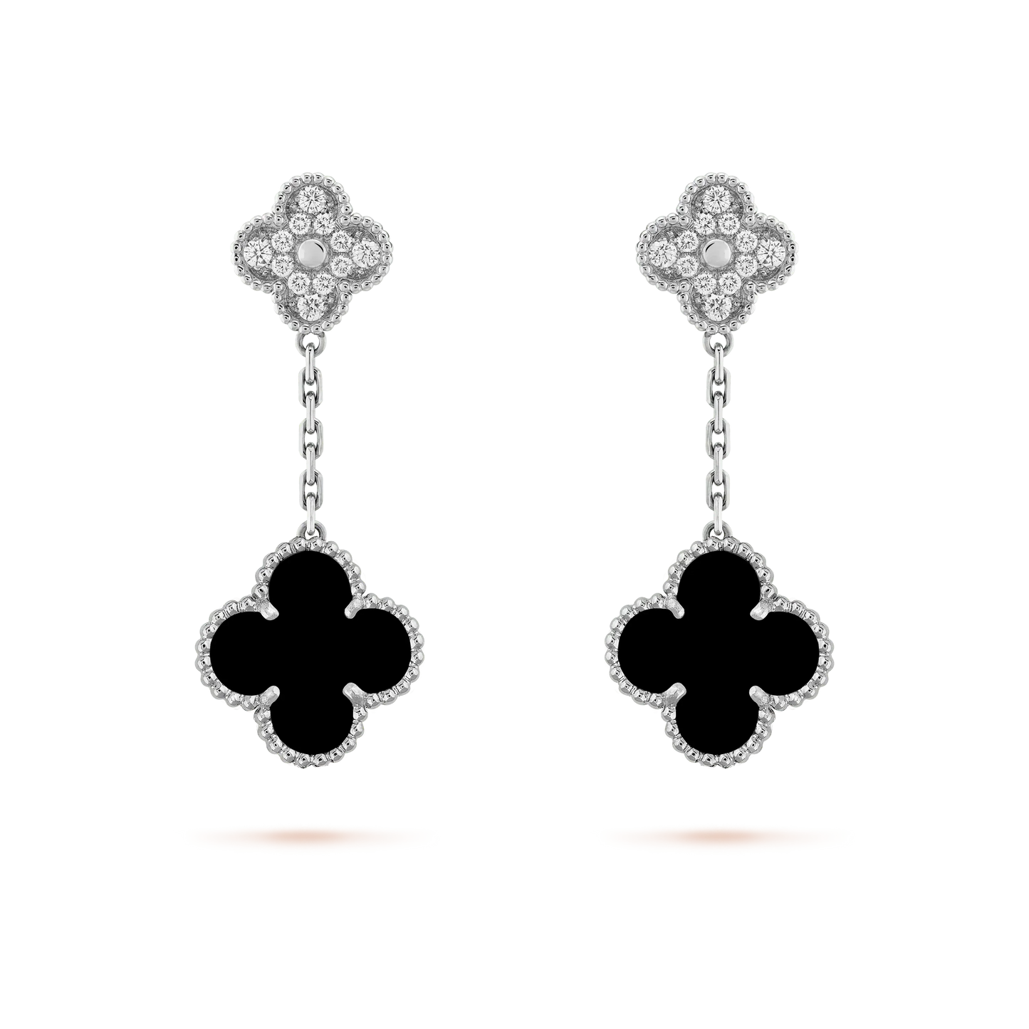 [✨Rose💎]CLOVER 2 MOTIFS  DIAMOND ONYX EARRINGS SILVER