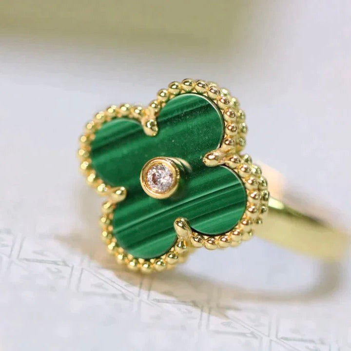 [✨Rose💎]CLOVER MALACHITE RING GOLD DIAMOND