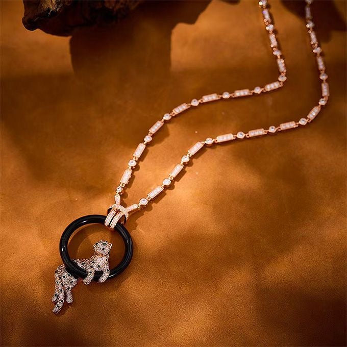 [✨Rose💎s]NEW BLACK CIRCLE PANTHER FULL DIAMOND NECKLACE