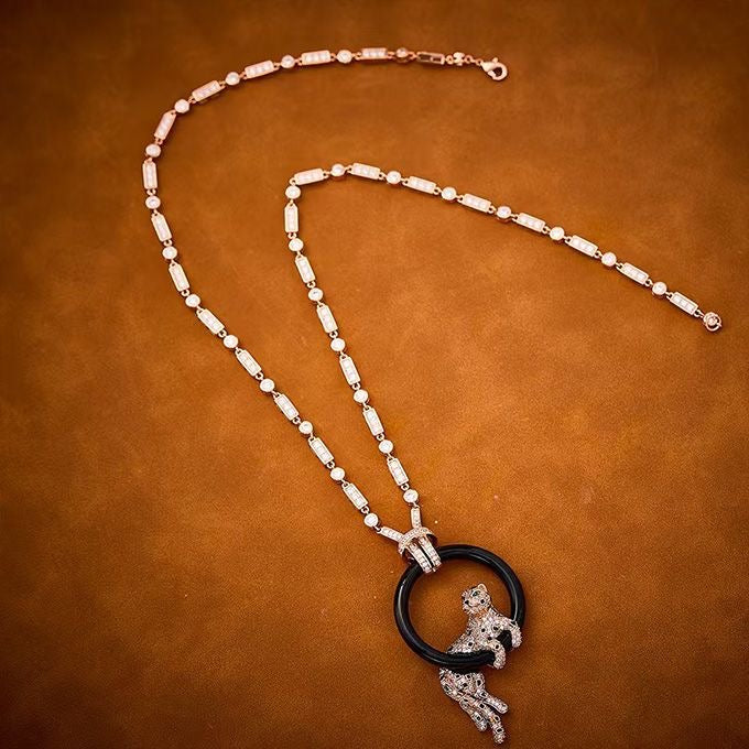 [✨Rose💎s]NEW BLACK CIRCLE PANTHER FULL DIAMOND NECKLACE