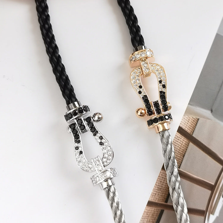 [✨Rose💎]FORCE LARGE HORSESHOE BLACK WHITE DIAMOND BRACELET SILVER