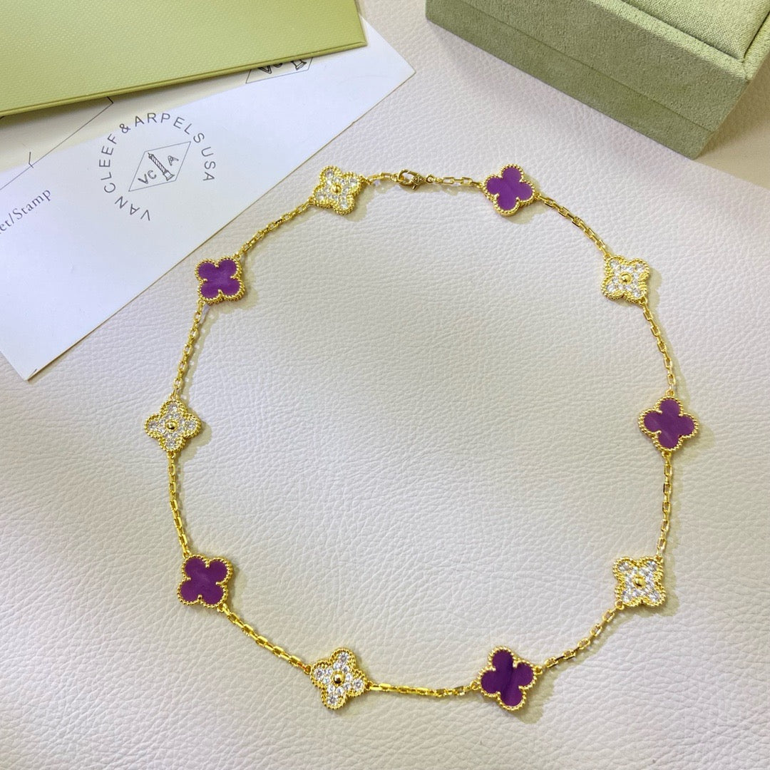 [✨Rose💎 Jewelry]CLOVER 10 MOTIFS  PURPLE VIOLET DIAMOND NECKLACE
