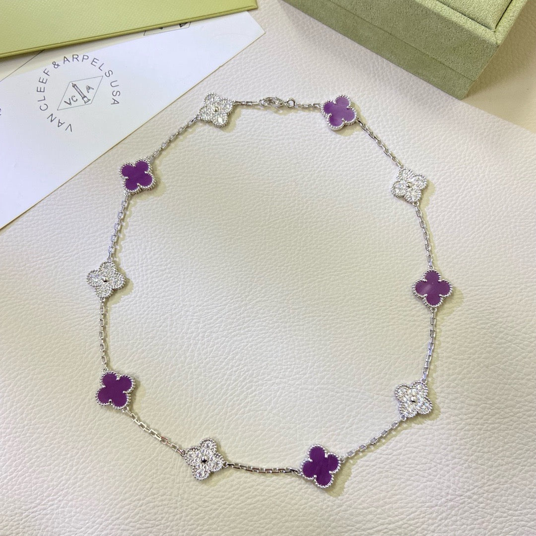 [✨Rose💎 Jewelry]CLOVER 10 MOTIFS  PURPLE VIOLET DIAMOND NECKLACE