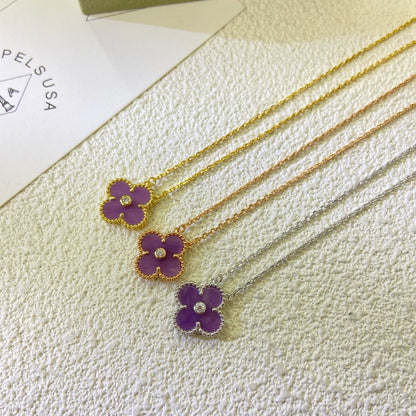 [✨Rose💎 Jewelry]CLOVER 15MM DIAMOND  PURPLE VIOLET NECKLACE