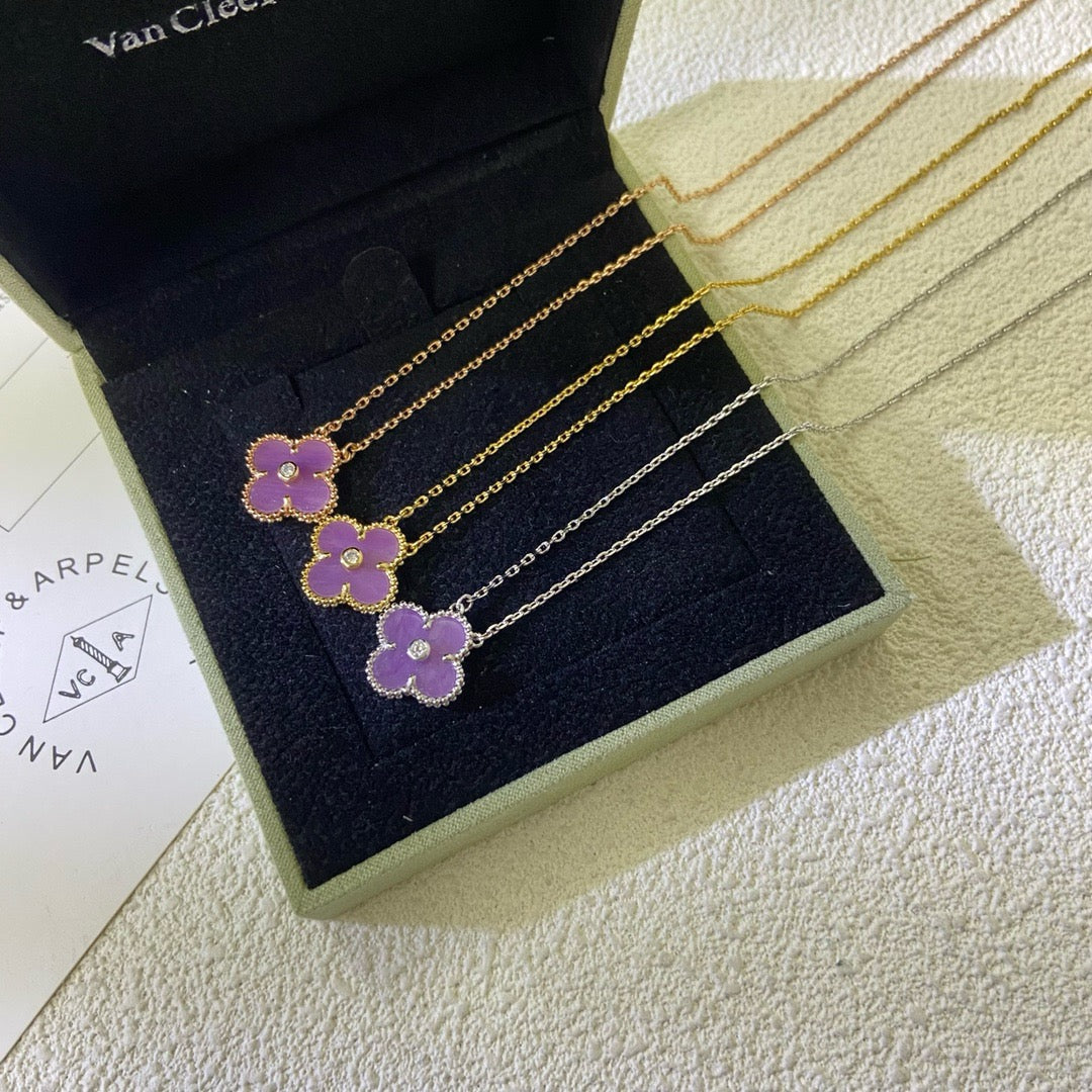 [✨Rose💎 Jewelry]CLOVER 15MM DIAMOND  PURPLE VIOLET NECKLACE