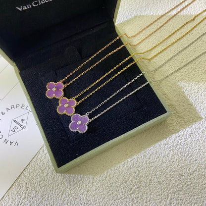 [✨Rose💎 Jewelry]CLOVER 15MM DIAMOND  PURPLE VIOLET NECKLACE