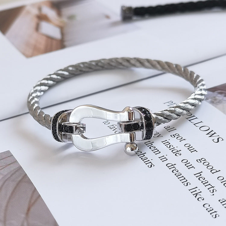 [✨Rose💎]FORCE LARGE HORSESHOE BLACK DIAMOND BRACELET SILVER