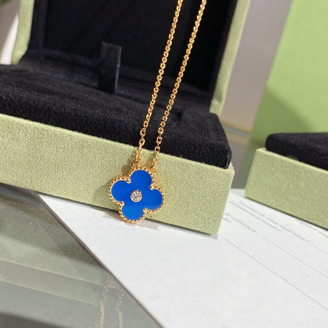 [✨Rose💎]CLOVER 15MM DIAMOND AND BLUE AGATE NECKLACE