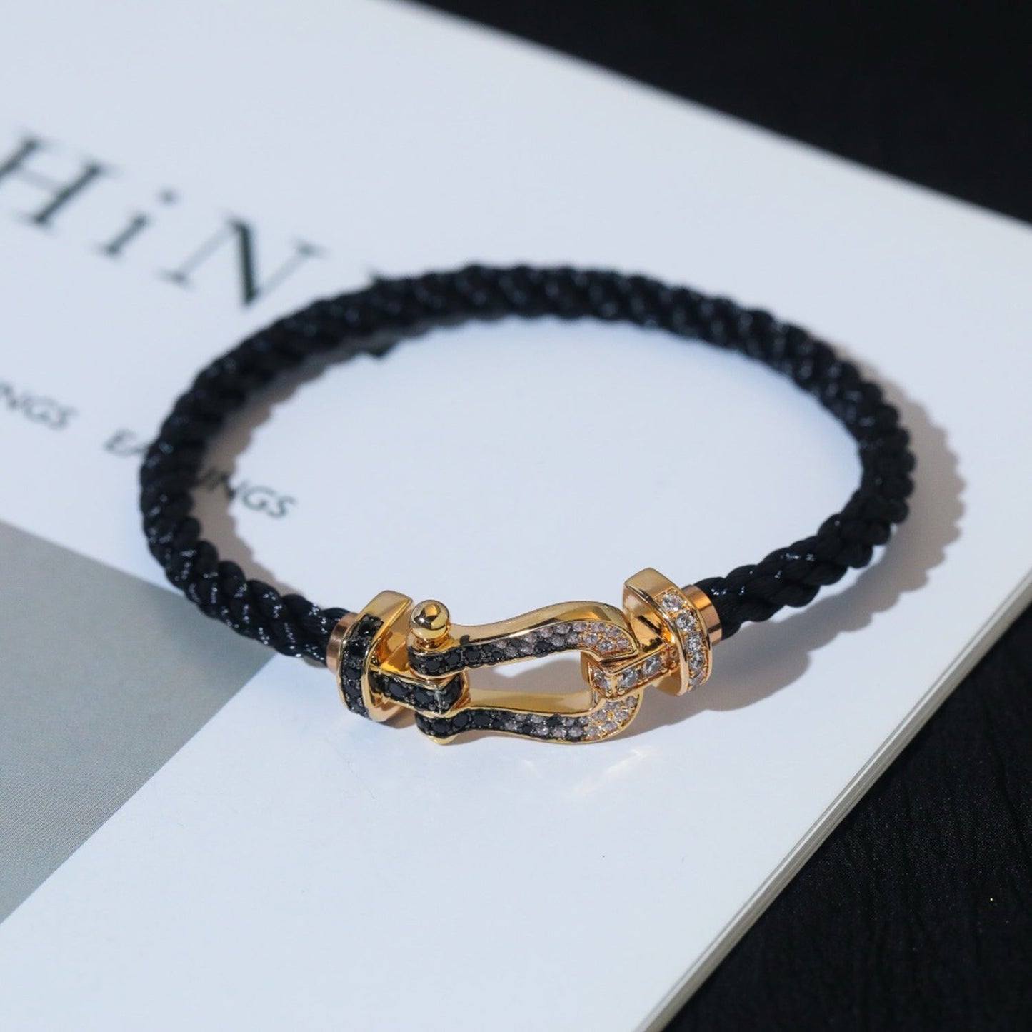 [✨Rose💎]FORCE LARGE HORSESHOE BLACK WHITE DIAMOND BRACELET SILVER