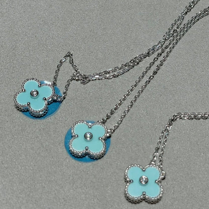 [✨Rose💎]CLOVER 1 DIAMOND LIGHT BLUE SILVER NECKLACE